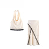 Lace Crop Top And Slit Long Skirt 2 Piece Set Women's Sexy Deep V Neck Tops High Waist Slim Dress Sets Elegant Outfit