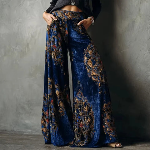 Women's Wide Leg Pants Retro Ethnic Print High Waist Velvet Trousers Causal Vintage Pantalon Femme Pocket Loose Bottoms