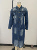 Ripped Raw Hem Button Front Longline Denim Coat Women Cardigan Breasted Holes Jackets Pockets High Street Outerwear Autumn