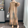 Red Pleated Hand-Cranked Floral Print Women's Long Dress Long Sleeve Elegant Temperament Elastic Loose Dresses 2DB4509