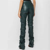1PC Brown Faux PU Leather Pleated High Waist Stacked Pants Women Slim Hipster Street Style Long Trousers Female 2#