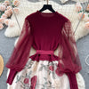 Senior Knitted Patchwork Dress Long Lantern Sleeves Bow Mesh Embroidery Floral Women Autumn France Elegant Party Dress