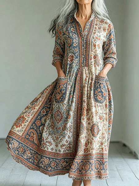 Bohemian Folk Pattern Shirt Dress Women Lapel Button Loose Fit Long Maxi Street Vacation Dress