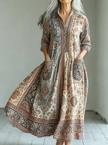 Bohemian Folk Pattern Shirt Dress Women Lapel Button Loose Fit Long Maxi Street Vacation Dress