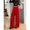 Women Red Ripped Jeans Baggy Vintage Aesthetic Streetwear Cowboy Pants Harajuku Oversize Denim Trousers Y2k 2000s Clothes