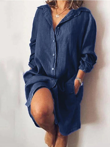 Autumn Elegant Cotton and Hemp Women's Dress Elegant Commuting Style Flip Collar Single Breasted Elegant Dress