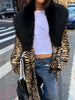 Winter Women Oversized Tiger Print Long Faux Fur Coat Big Black Fur Collar Open Front Street Style Thick Warm Jacket