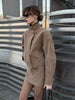 Women Faux Suede Two Piece Set Stand Collar Covered Button Long Sleeve Cropped Jacket High Waist Mini Skirt Vintage Casual Suits
