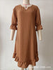 Elegant V-Neck Midi Sleeve Dress with Hem Ruffle Detail European And American Woven Fabric Women's