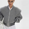 Double Zip Rib Collar Women Cropped Jacket Long Sleeve Side Pockets Loose Oversized Solid Autumn Coats Daily Chic Jackets