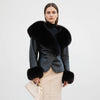 Black Faux Fur Collar Leather Jacket Elegant Lapel V-neck Waist Cinching Long-sleeved Short Coats Lady Winter Commute Coat