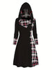 Knitted hooded dress plaid print stitching fake buckle high waist long sleeve A-line dress female