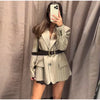 Women's Striped Blazer Belted Single Breasted Long Sleeve Lapel Neck Coat Female Casual Daily Commute Office Jacket
