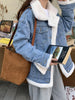 Add Velvet Padded Warm Denim Jacket Female Winter Long Sleeve Short Coat Lamb Cashmere Cotton-padded Jacket Female
