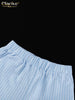 Loose Blue Stripe Women's 3 Pieces Set Elegant Long Sleeve Shirt + Corset With High Waist Wide Pants Set