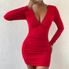 Sexy Deep V-Neck Party Clubwear Short Dresses Women Shirring Long Sleeves Wrap Hip Dress Autumn Casual Solid Color Dress