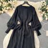 Loose Casual Knit Long Dress Women Solid Elastic Waist Lantern Sleeve O Neck Ladies Winter Sweater Dresses