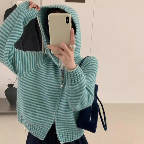 Retro Striped Zip-up Hooded Knit Cardigan Women Autumn Winter Loose Fitting Short Coat Female Korean Lazy Style Sweater Knitwear
