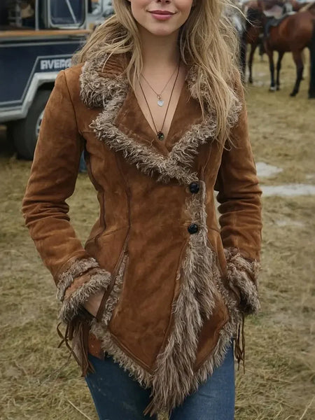 Women's Suede Fur Collar Coat Western Pocket Autumn And Winter Warm Coat Outdoor Windproof Slim Fit Windbreaker