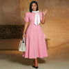 Elegant Women A Line Colorblock Dress Bow Neck Short Puff Sleeve Africa Business Ceremony Party Graduation Festival Wear