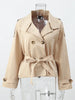Khaki Lace Up Cape Trench Coat Loose Solid Full Sleeve Lapel Windbreaker Autumn Commute Casual Daily Coats