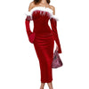 Women Christmas Dress Slim Fuzzy Trim Off Shoulder Long Sleeve Midi Bodycon Dress for Evening Party Club