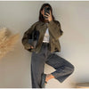Casual Suede Jackets Women Loose High Neck Long Sleeves Pocket Zipper Coats Female Autumn Winter Chic Solid Outwear