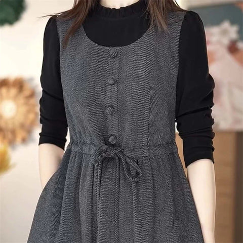 Spring Autumn Fake Two Piece Long Sleeve Dress For Women Slim Mid-long O-Neck Faux Wool Blend Dresses Large Size 4XL