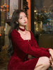 Women's Slim Fit A-line Velvet Dress Christmas Clothes Square Collar Long-sleeved Red Sweet Girl Autumn Winter