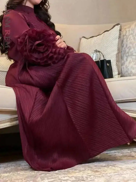 Wine Red Pleated Dress For Women Flower Sleeves Female Evening Party Elegant Clothing Ladies 2DB1827