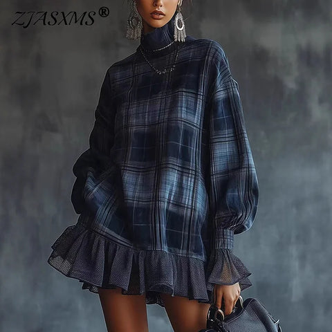 Spring Patchwork Mesh Ruffles Dress Woman Elegant Turtleneck Party Dress Autumn Plaid Print Long Sleeve Mini Dress