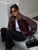 Women Coated Cinched-waist Leather Jacket Retro Casual Lapel Full Sleeve Zipper Fishbone Coats Lady Daily High Street Coat