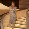 Elegant Ruffle Women's Long Dresses V Neck Half Sleeve Button Waist Cinching Pleated Dress Spring Lady Party Robes