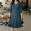 Elegant Women's Pleated Midi Dress Casual V-Neck 3/4 Sleeve Button Up A-Line Dresses Office Commuting Wear Woman Clothing