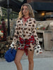 Women's Printed Scarf Short Shirt Dress 2 Pieces Set Long Sleeve Single Breasted Lapel Dresses Lace Up Scarfs Suit