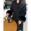 Women Autumn Winter Woolen Coat French Style Fur Sleeves Mid-Length Woolen Coat Women Long Coat Loose Outwear