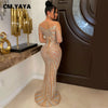 Women Mesh Patchwork Diamonds Rhinestones Bodycon Midi Mermaid Maxi Dress Evening Sexy Party Dresses Vestidos