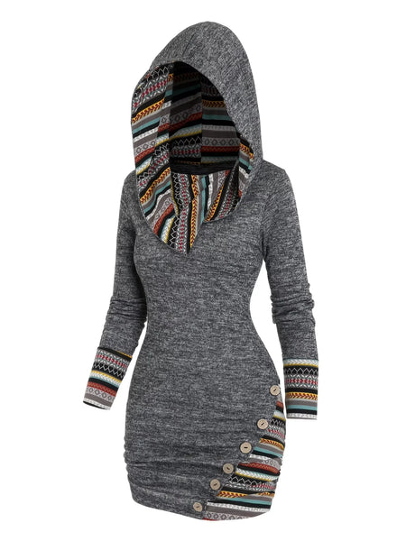 European and American Explosions Women's Ethnic Style Geometric Stripe Stitching Hooded Knitted Long-Sleeved Tight Dress