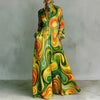 Retro Pattern Print High Waist Pleated Dress Woman Spring Shirt Collar Button Pockets Maxi Dress Long Sleeve Boho Vacation Dress