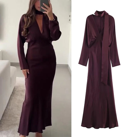 Women Satin V neck Dress Long Dresses With Scarf Chic Elegant Dresses Women Long Sleeve Casual Dress