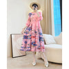 Elegant Plant Floral Printing Pleated Women's Dress Chic Round Collar Lantern Sleeve Elastic Loose Casual Dresses
