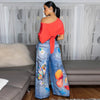 Women Fake Denim 3D floral Print Loose Wide Leg Jogger Pants Streetwear Active Hip Hop Sweatpants Trousers