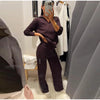 Brown V-Neck Knit Shirt Pants Set Women Solid Long Sleeve Top Empire Straight Loose Trousers Lady Spring Suit