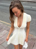 Vintage Sexy Deep V Puff Sleeve Button Ribbed Mini Dress High Waist Cinched Waist A Line Flared Dresses Sweet Casual Date Women