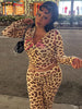Leopard Contrast Letter Print 2 Piece Set Women Hooded Full Sleeve Crop Jacket+Skinny Stretch Flare Pants Suits