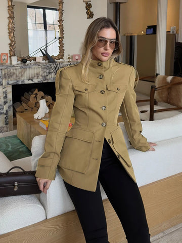 Elegant Stand Collar Trench Coats Women Y2K Long Sleeve Pockets Waist Jacket Autumn Street Lady Single Breasted Outerwear