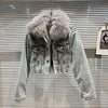 Real Fur Denim Jacket Women Autumn Fried Street Style Natural Fox Fur Collar + Rabbit Fur Liner Warm Rivet Short Jean Coat