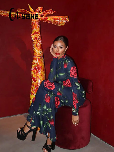 Flower Prints O Neck Women Dresses Sheath Elegant Evening Party Outfits Female Bodycon Long Sleeve Robes