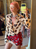 Women Chic Vacation Outfits Leopard Print Sheer Chiffon Shirt Casual Turn-down Collar Mini Dress & Detachable Scarf