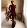 Spring Women Sexy Slim Fit Thin Dress Lady Comfortable High Neck Long Sleeve Dress Female Chic Evening Wine Red Maxi Dress